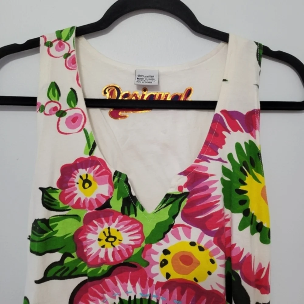 Desigual Womens Floral Asymmetric Tunic Tank Beaded Embroidered Mixed Media XS/S